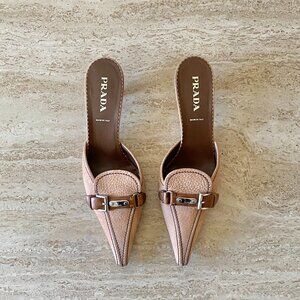 Vintage Prada Silver Logo Buckle Kitten Heel Mules